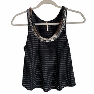 Free People Black Embellished Cropped Beaded Sequin Split Tulip Back Tank XS